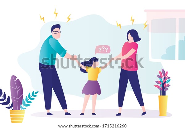 Toxic\
parents. Angry family quarreling and shares child. Cartoon parents\
quarrel and daughter confused. Toxic relationships between people,\
abuse. Family conflict. Flat vector\
illustration.