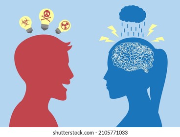 Toxic people made friends be moody with conversation from negative attitudes. Concept illustration about the talk of people who have a bad mindset.