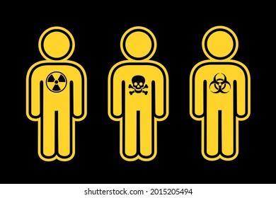 Toxic Person - Man Affected By Radioactive Nuclear And Atomic Radiation Or Negative Personality. Vector Illustration Of Figure With Warning Sign, Symbol, Icon And Pictogram. 