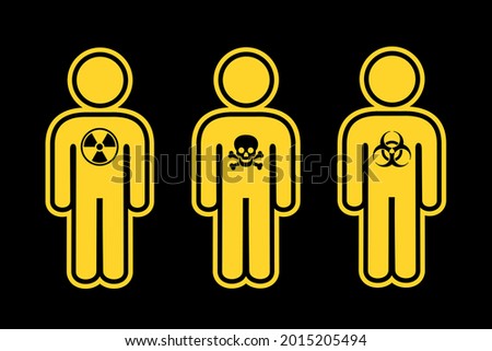 Toxic person - man affected by radioactive nuclear and atomic radiation or negative personality. Vector illustration of figure with warning sign, symbol, icon and pictogram. 