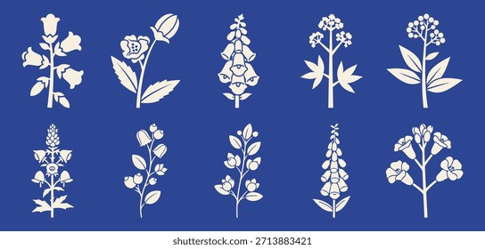 Ícones de plantas tóxicas. Sólido, conjunto de ícone cheio de plantas de jardim tóxicas wolfsbane, belladonna, luva de raposa, cicuta, oleandro, fundo azul de mamona