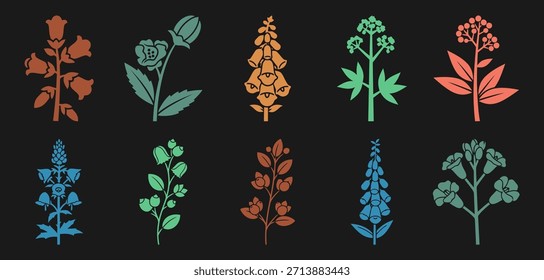 Iconos de plantas tóxicas. Conjunto de iconos sólidos y llenos de plantas de jardín tóxicas wolfsbane, belladona, dedalera, cicuta, adelfa