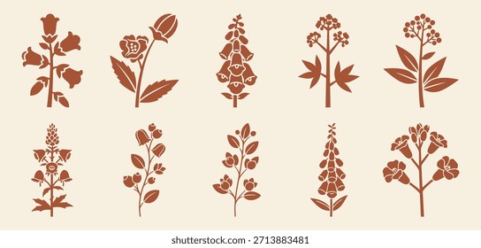 Toxic Plant Icons. Solid, filled icon set of toxic garden plants wolfsbane, belladonna, foxglove, hemlock
