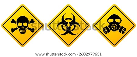 Toxic poison vector hazard signs set isolated on white background. Yellow rhombus warning icons of hazardous materials and health injuries risk, lungs damage emblem. Gas mask and dead head stencil.