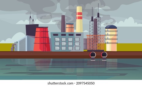 Toxic pollution from factory concept in flat cartoon design. Industrial plant view, dirty production with emissions of gases smoke from pipes scenery. Urban cityscape. Vector illustration background