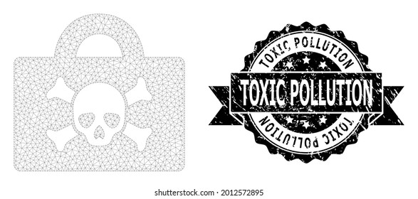 Toxic Pollution textured seal imitation and vector mortal case mesh structure. Black stamp seal has Toxic Pollution tag inside ribbon and rosette. Abstract flat mesh mortal case,