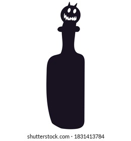 Toxic potion bottle silhouette with Halloween pumpkin cork. Dangerous poison symbol for Halloween party decoration or invitation. Vector illustration