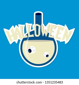 toxic potion in small glass bottle with cork and paper tag with Halloween isolated cartoon flat vector illustration on background.