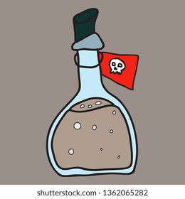 toxic potion in small glass bottle with cork and paper tag with Halloween isolated cartoon flat vector illustration on background.