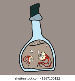 toxic potion in small glass bottle with cork and paper tag with Halloween isolated cartoon flat vector illustration on background.