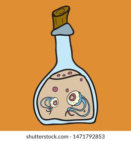 toxic potion in small glass bottle with cork and paper tag with Halloween isolated cartoon flat vector illustration on background.