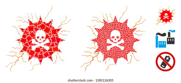 Toxic power icon mosaic of irregular items in different sizes and color tones, based on toxic power icon. Vector unequal items are combined into collage. Toxic power icons collage with dotted pattern.