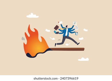 Toxic productivity, panic or burnout employee, overworked to finish work within timeline, hurry to complete multitasking or urgent work schedule concept, productive businessman on burning matchstick.