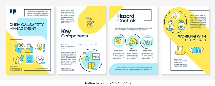 Toxic products safety control brochure template. Risk assessment. Leaflet design with linear icons. Editable 4 vector layouts for presentation, annual reports. Questrial, Lato-Regular fonts used