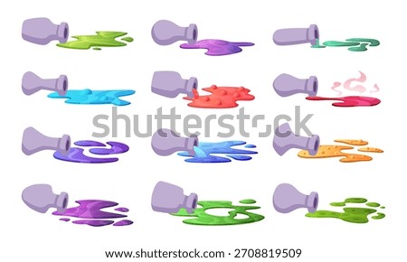 Toxic puddles. Spilled potion from magic bottles and transparent tubes exact vector illustrations in cartoon style