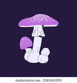 Toxic purple amanita icon. Hallucinogenic fly agaric with violet caps. Fairy poisonous mushroom, magic forest fungus. Psychedelic boletus, woodland inedible bolete. Flat isolated vector illustration