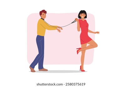 Toxic relationship between man and woman leading boyfriend on leash, showing dominance. Girl uses dominance to keep groom and avoid losing control over relationship or family life.