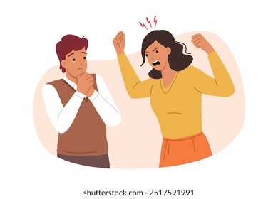 Toxic relationship between screaming woman and upset man who feels pressure from wife. Problem toxic relationships and domestic violence causing psychological trauma in depressed guy