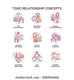 Toxic relationship concept icons set. Manipulative partner. Trust and support lack. Abusive cohabitation idea thin line color illustrations. Vector isolated outline drawings. Editable stroke