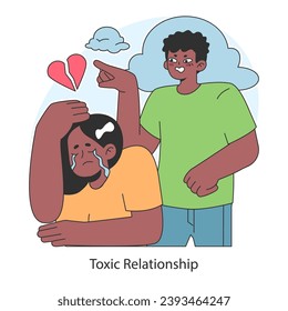 Toxic relationship. Emotional abuse and manipulation. Heartbroken girl crying. Unhealthy bond between man and woman. Flat vector illustration.