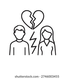 Toxic relationship icon with broken heart between couple