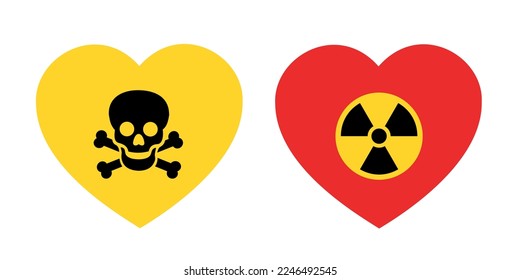 Toxic relationship - lvoe heart with symbol of radioactivity or skull and bones. Danger and dangerous romance and romantic partnership between spouses. Vector illustration isolated on white.