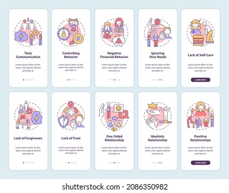 Toxic relationship onboarding mobile app page screen. Abusive and selfish partner walkthrough 5 steps graphic instructions with concepts. UI, UX, GUI vector template with linear color illustrations