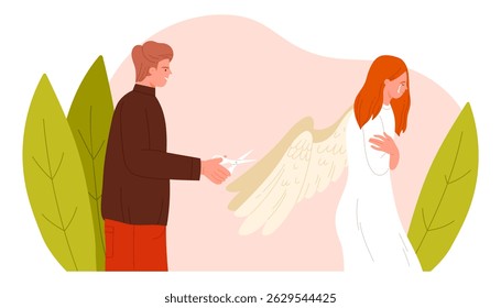 Relações tóxicas em casal, manipulação emocional e abuso familiar, violência. Homem irritado cortando com tesoura penas brancas de asas de anjo de mulher triste chorando ilustração de vetor de desenhos animados