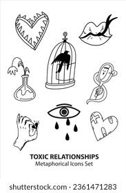 Toxic relationships metaphorical icon set. Psychology concept vector illustration in doodle handdrawn style. Broken heart, bullying, low self-esteem, evil talks