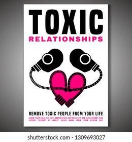 Toxic relationships vertical poster. Editable isolated vector illustration in pink, black color on white background. Communication, psychology and people behavior concept. Creative graphic design