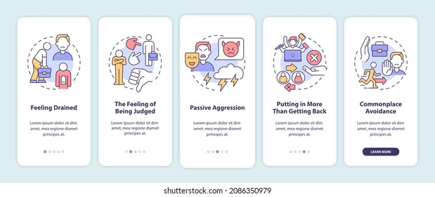 Toxic relationships at work onboarding mobile app page screen. Passive aggression walkthrough 5 steps graphic instructions with concepts. UI, UX, GUI vector template with linear color illustrations