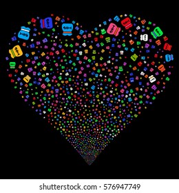 Toxic Rubbish fireworks with heart shape. Vector illustration style is flat bright multicolored iconic symbols on a black background. Object heart made from confetti symbols.