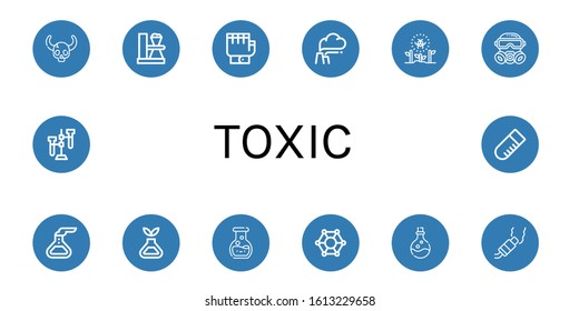 toxic simple icons set. Contains such icons as Skull, Test tube, Gloves, Pollution, Radioactive, Gas mask, Flask, Science, Chemistry, Molecular, can be used for web, mobile and logo