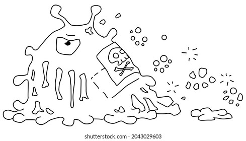 Toxic Sludge Monster Cartoon Line Drawing, Vector, Horizontal, Black And White, Isolated
