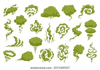 Toxic smoke. Bad smelling steams, chemical vapor, green acid gas, swirling, flowing and evaporating effect, stinky fart, poison clouds and fog, nowaday vector cartoon flat isolated set