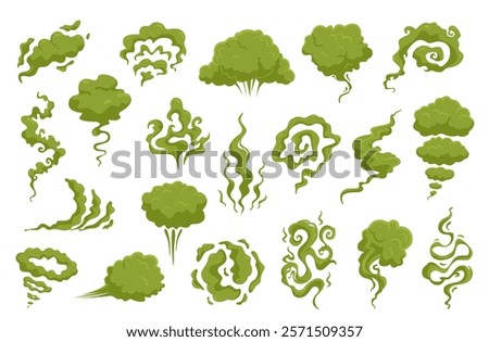 Toxic smoke. Bad smelling steams, chemical vapor, green acid gas, swirling, flowing and evaporating effect, stinky fart, poison clouds and fog, nowaday vector cartoon flat isolated set