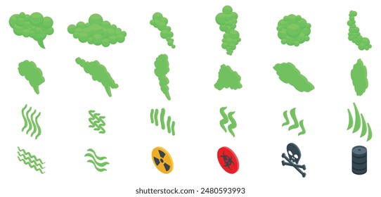 Giftige Rauchwolken-Icons gesetzt. Grünes giftiges Gas breitet sich aus, einschließlich Schädel und Querknochen, radioaktive und biologisch gefährliche Symbole