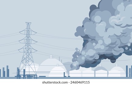 Toxic smoke from industrial factories floating in the air. Causing pollution, destroying the environment And the health of the population of large cities, Vector illustration and flat design.