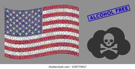 Toxic smoke pictograms are grouped into American flag stylization with blue rectangle rubber stamp seal of Alcohol Free text.