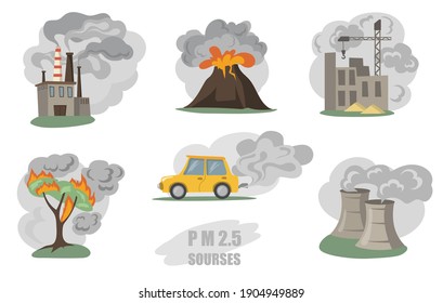 Toxic Smokes Set. Fumes From Factory Pipes, Volcano, Car In City, Outdoor Fog From Wild Fires Isolated On White. Vector Illustration For Air Pollution, City Dust Danger Concept