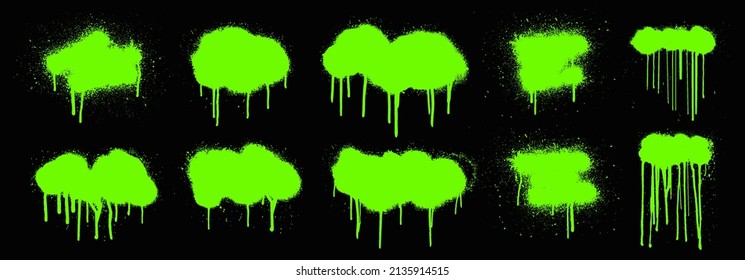 Toxic spray graffiti set. Grunge splashes paint with smudges and drops. Graffiti stencil template. Grunge spray texture with drip, spot. Cloud ink texture mockup. Stencil urban decoration ink. Vector