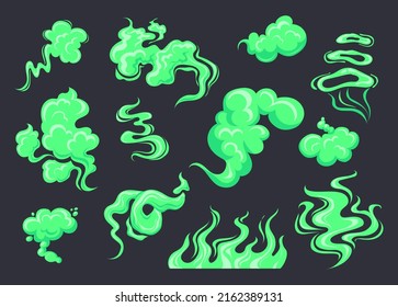 Toxic stench. Green vapors cloud, stink gas bad flavor breath, chemical smog poison fog smell smoke body fart poisoned aroma magic effect dirty dust neat vector illustration. Smell bad, smoke stench