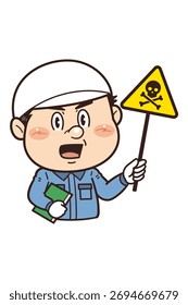 [Substâncias tóxicas] Ilustração de um trabalhador que trabalha numa fábrica ou no local, segurando um sinal de aviso