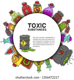 Toxic substances round pattern vector illustration. Different containers for liquids and poisonous chemicals oil, biofuel, explosive, radioactive, flammable and poisonous liquids.