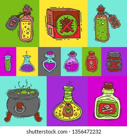 Toxic substances round pattern vector illustration. Different containers for liquids and poisonous chemicals oil, biofuel, explosive, radioactive, flammable and poisonous liquids.