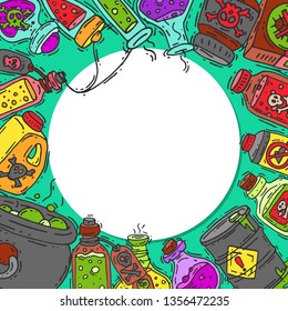 Toxic substances round pattern vector illustration. Different containers for liquids and poisonous chemicals oil, biofuel, explosive, radioactive, flammable and poisonous liquids.