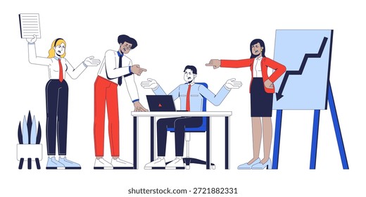 Ilustração de vetor 2D da dinâmica de equipe tóxica. Reunião aquecida do escritório. Conflito no local de trabalho. Grupo diverso culpando o colega por falhas nos negócios caracteres simples isolados em branco. Imagem colorida em desenho animado