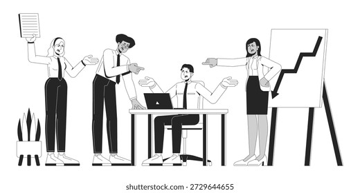 Ilustração do esboço da dinâmica da equipe tóxica. Reunião de escritório aquecida. Conflito no trabalho. Grupo culpando colega sobre falha de negócios 2D caracteres de linha isolados. Imagem linear de tinta vetorial monocromática