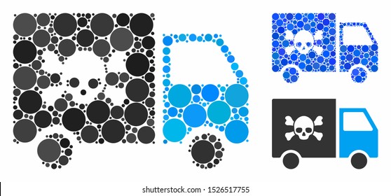 Toxic transportation car composition for toxic transportation car icon of small circles in various sizes and color tinges. Vector small circles are organized into blue collage.
