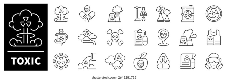 Toxic vector icons.Thin line icons related to toxic and radioactive. Toxic vector icons in line style.